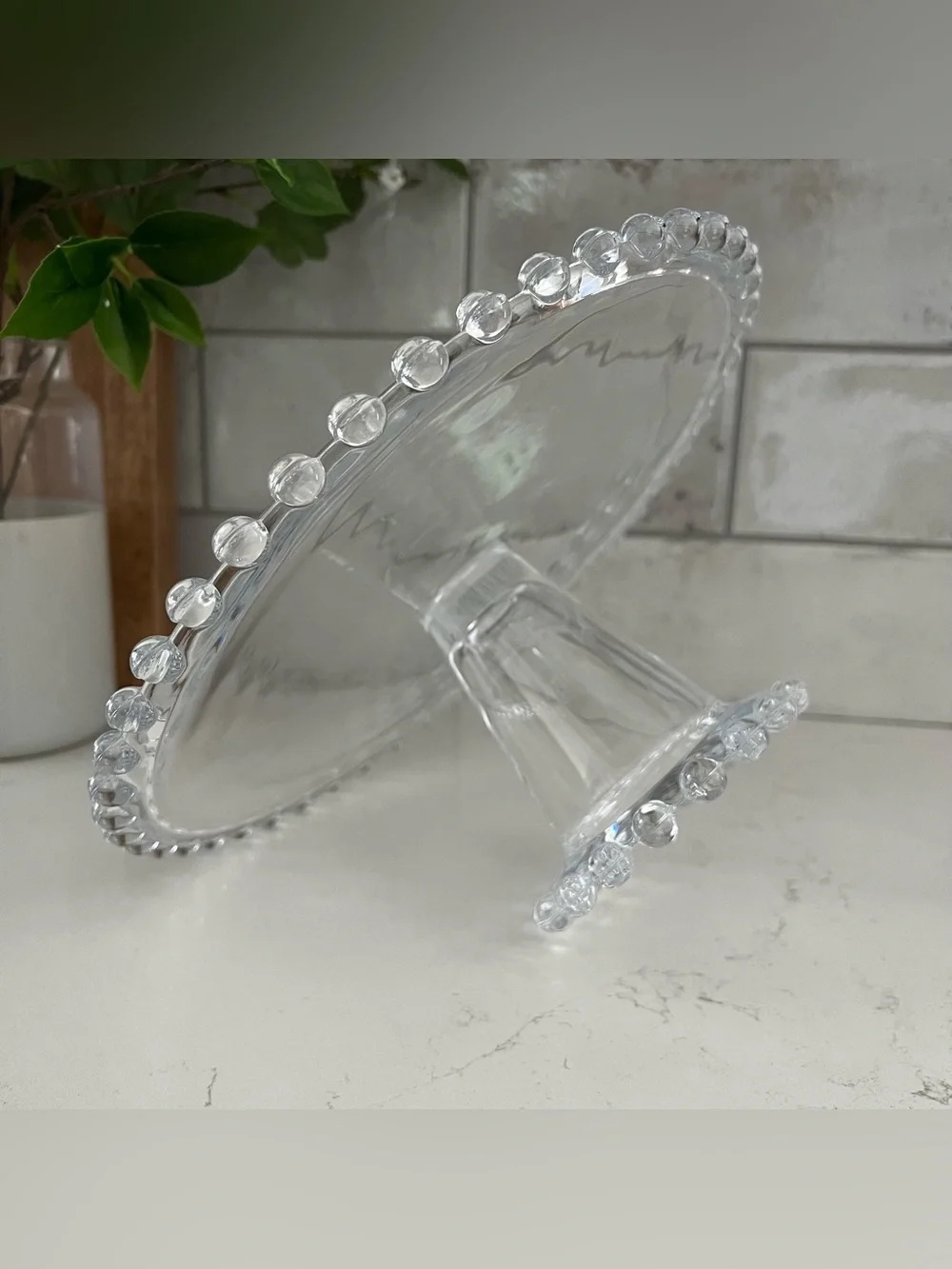 CANDLEWICK Style Clear Glass Beaded Cake Stand